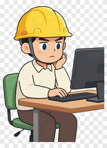 Cartoon Construction Worker Thinking At A Computer PNG