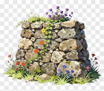 Stone Wall Surrounded By Colorful Flowers PNG