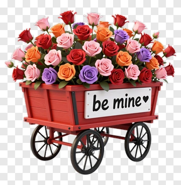 Red Wagon Filled With Colorful Roses And Be Mine Sign PNG