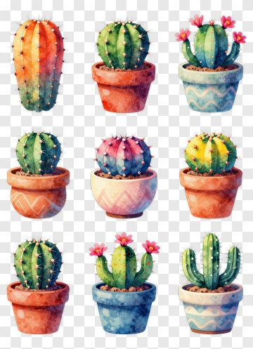 Colorful Watercolor Cacti In Pots PNG