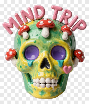 Colorful Skull With Mushrooms And Mind Trip Text PNG
