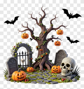 Halloween Scene With Pumpkin Tree And Skull PNG