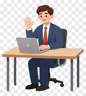 Cartoon Businessman Sitting At A Desk With Laptop PNG