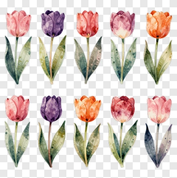 Watercolor Tulips In Various Colors PNG