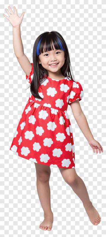 Happy Girl Waving In A Red Dress With White Flowers PNG