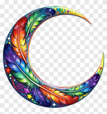 Colorful Crescent Moon With Feathers PNG