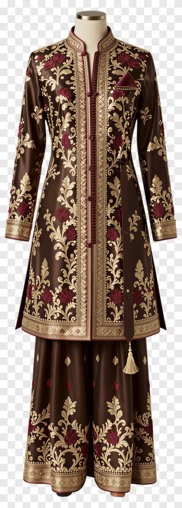 Traditional Brown Embroidered Outfit PNG