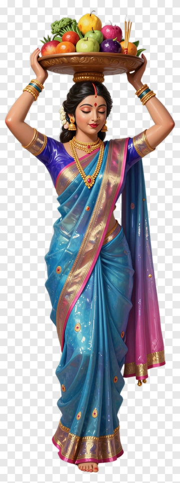 Woman In Blue Saree Carrying A Fruit Basket PNG