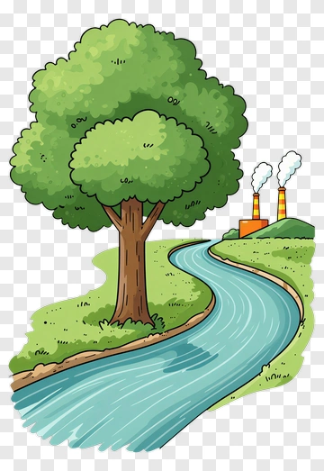 Cartoon Tree Beside A Winding River And Factories PNG