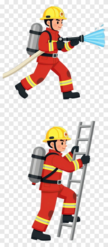 Firefighter Climbing Ladder And Spraying Water PNG