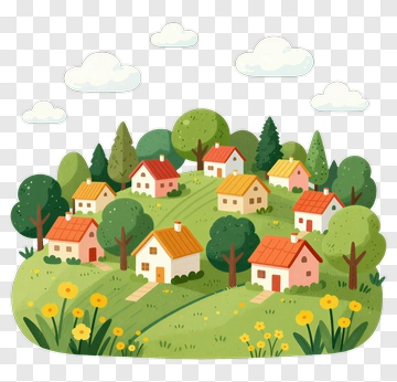 Colorful Village Landscape With Houses And Trees PNG