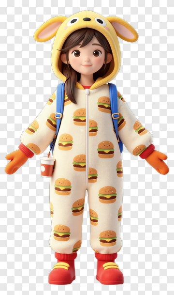 3D Girl In Hamburger Pajamas With Backpack PNG