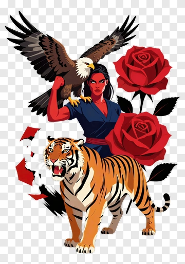 Warrior Woman With Eagle, Tiger, And Roses PNG