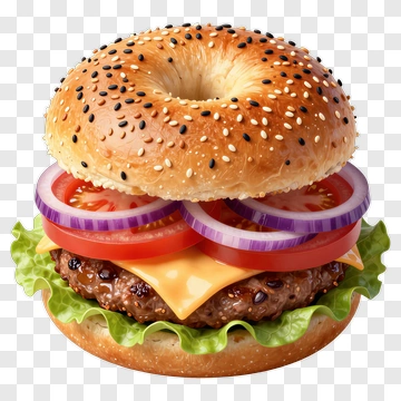 Cheeseburger With Sesame Seed Bun And Fresh Vegetables PNG