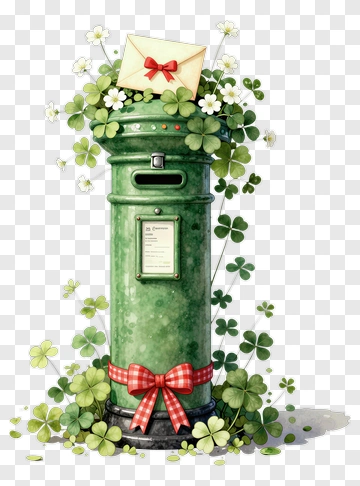 Green Mailbox Surrounded By Flowers And Clover PNG
