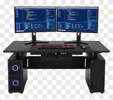 Computer Desk With Dual Monitors And Keyboard PNG