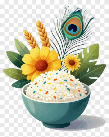 Colorful Bowl Of Rice With Flowers And Peacock Feather PNG