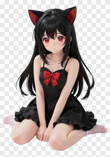 Anime Girl With Cat Ears In Black Dress PNG