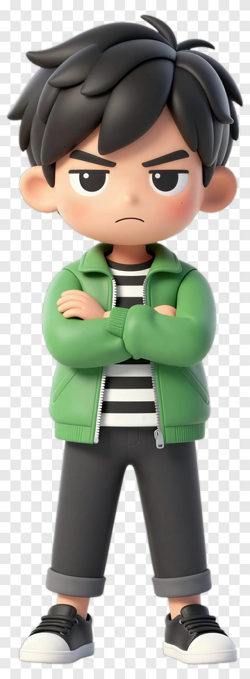 Cartoon Boy With Green Jacket And Striped Shirt PNG