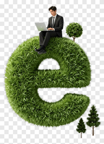 Businessman Sitting On Green Grass E-Shape With Laptop PNG