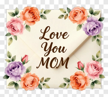 Love You Mom Greeting Card With Roses PNG