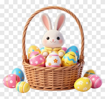 Easter Bunny Holding A Colorful Egg Basket PNG