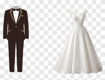 Formal Wedding Attire With Tuxedo And Wedding Dress PNG