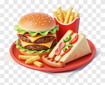 Fast Food Platter With Burger, Fries, And Sandwich PNG