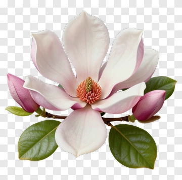 Magnolia Flower With Buds And Leaves PNG