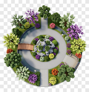 Circular Garden Landscape With Pathways And Bridge PNG
