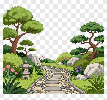 Garden Pathway With Trees And Rocks PNG