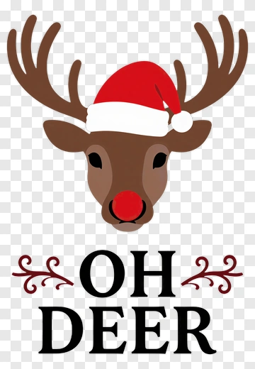 Cartoon Reindeer With Santa Hat And Oh Deer Text PNG
