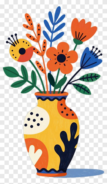 Colorful Flower Vase With Stylized Floral Arrangement PNG