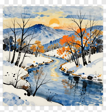 Watercolor Landscape With River And Mountains PNG
