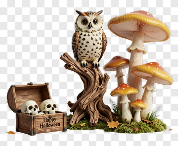 Halloween Owl On Tree With Mushrooms And Skull Box PNG