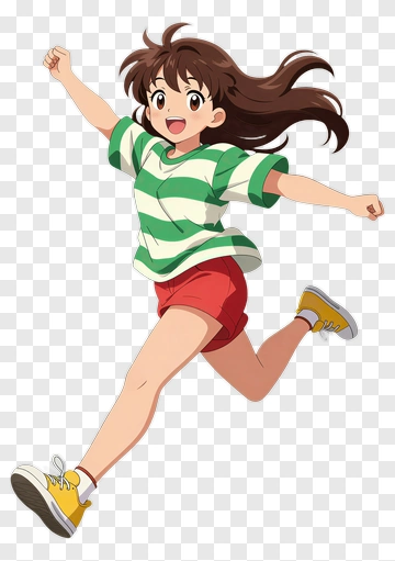 Cartoon Girl Running In Striped Shirt PNG