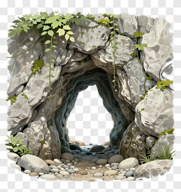 Rocky Cave Entrance With Greenery PNG