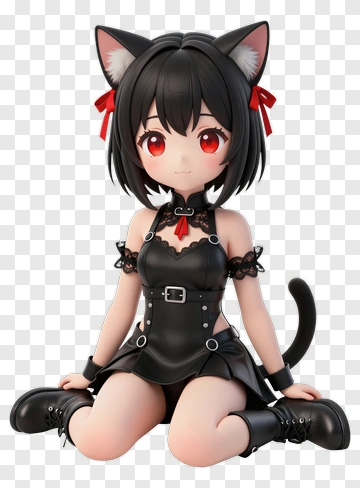 3D Catgirl Character In Black Outfit PNG