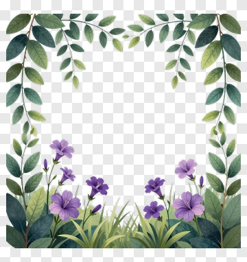 Floral Frame With Purple Flowers And Green Leaves PNG