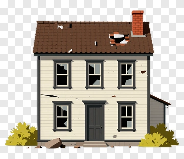 Abandoned House With Damaged Roof And Overgrown Shrubs PNG
