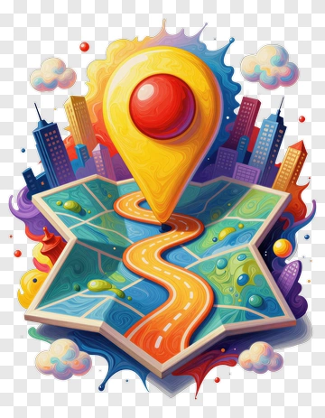 Colorful Map With Location Pin And Cityscape PNG