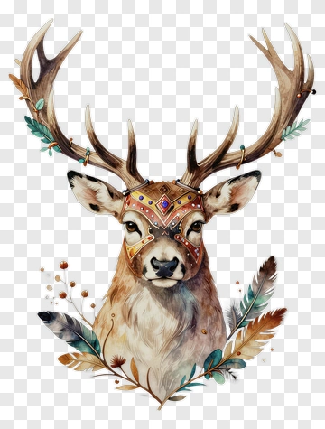 Decorative Deer Head With Feathers And Gems PNG