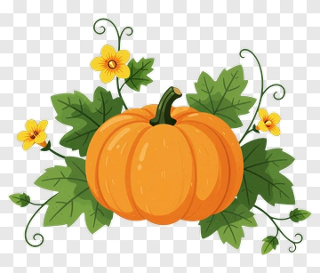 Pumpkin Surrounded By Green Leaves And Yellow Flowers PNG