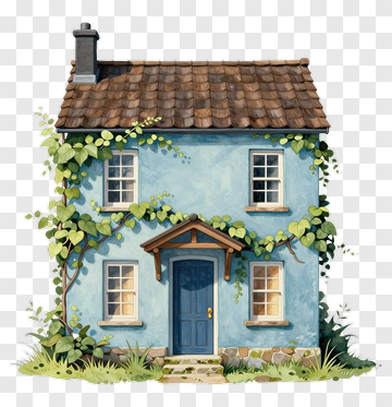 Charming Blue House Surrounded By Green Vines PNG
