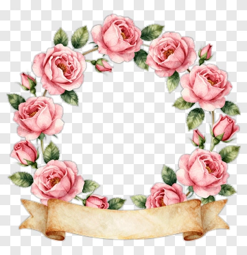 Watercolor Rose Wreath With Blank Banner PNG