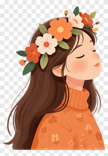 Girl With Flower Crown In Orange Sweater PNG