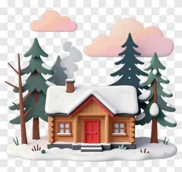 3D Winter Cabin Surrounded By Snowy Trees PNG