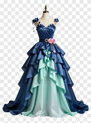 Elegant Blue And Green Ruffled Evening Dress PNG