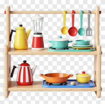 Colorful Toy Kitchen Set With Pots And Utensils PNG