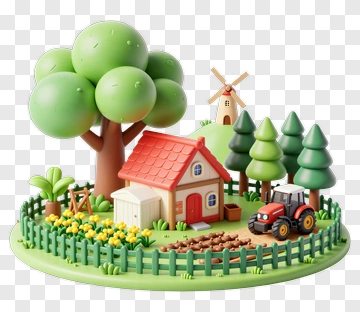 Colorful Farm Scene With House And Tractor PNG